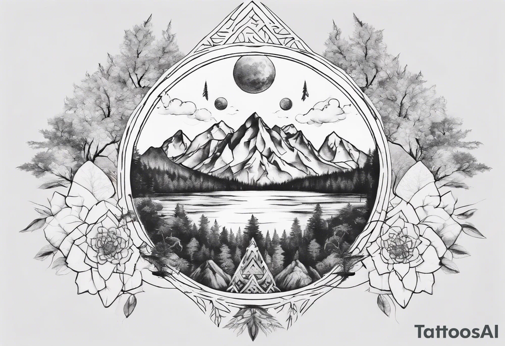 •	Create a mandala incorporating elements of nature like mountains, trees, and rivers to symbolize harmony and balance. tattoo idea
