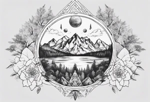 •	Create a mandala incorporating elements of nature like mountains, trees, and rivers to symbolize harmony and balance. tattoo idea