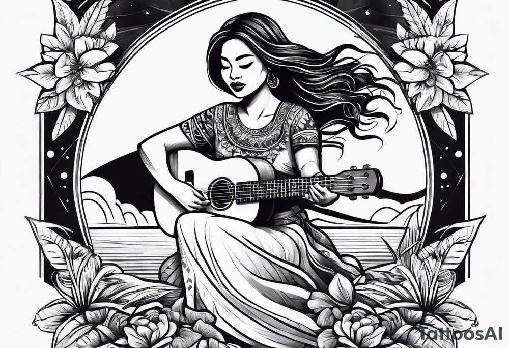 hula plynesian girl squating and dance with ukulele tattoo idea