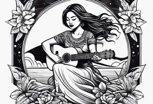 hula plynesian girl squating and dance with ukulele tattoo idea