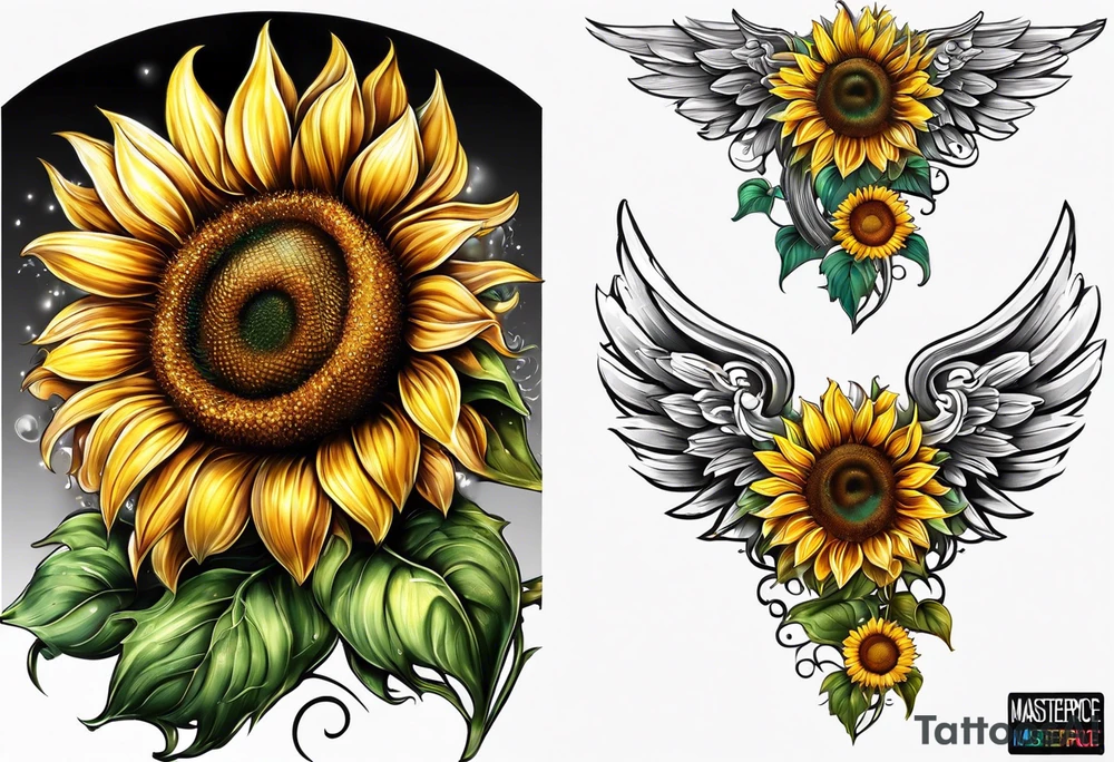 Sunflowers and angel wings leg sleeve tattoo idea