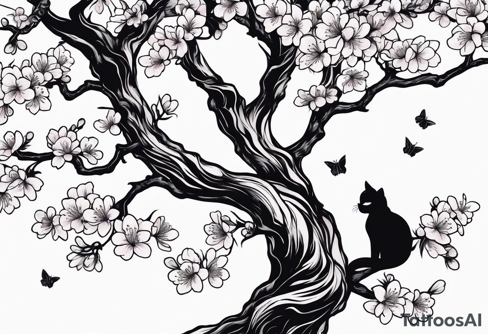 elongated hanging cherry blossom branch meeting with a dying pine tree with hidden cute demon cat tattoo idea