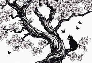 elongated hanging cherry blossom branch meeting with a dying pine tree with hidden cute demon cat tattoo idea