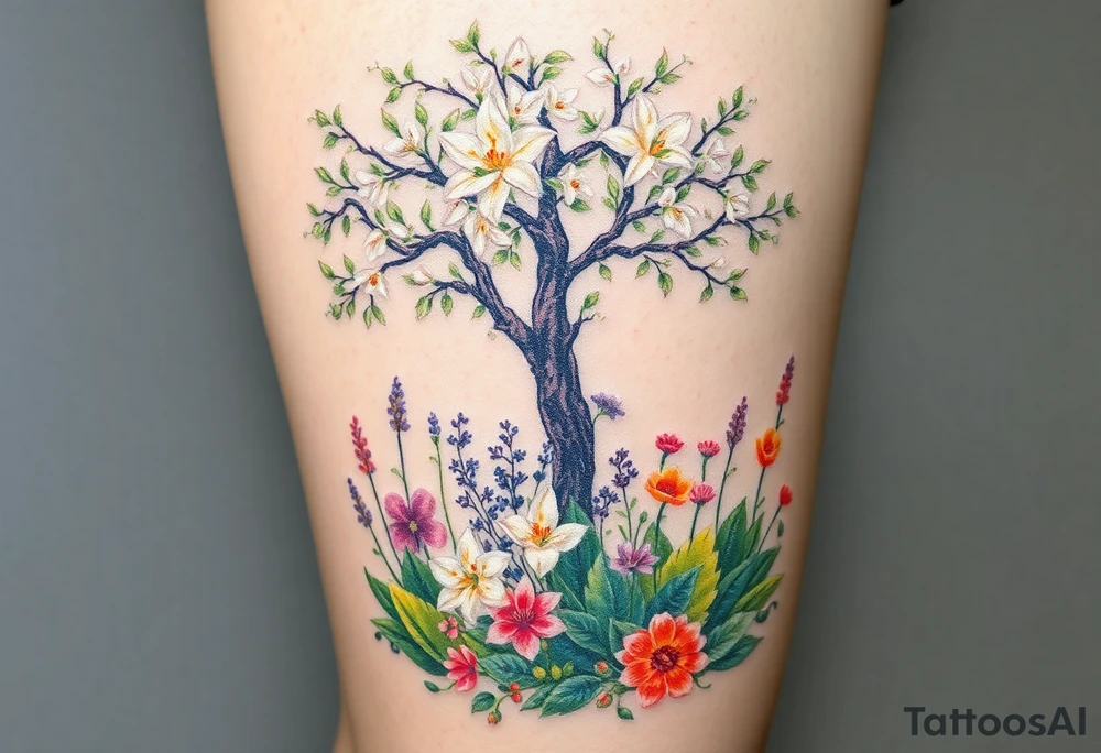Lilly of the vally plants underneath a blooming hawthorn tree with other colorful plants on ground tattoo idea