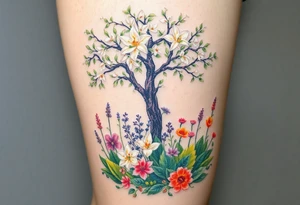 Lilly of the vally plants underneath a blooming hawthorn tree with other colorful plants on ground tattoo idea