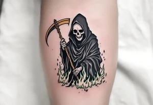 A traditional-style Grim Reaper with a black robe, green flames at his feet, and a golden scythe. tattoo idea