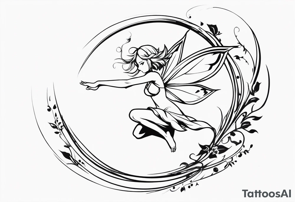 No color sideways sketch of a fairy with a tail inspired by the guild symbol in the anime show called Fairy Tail in a fetal position leaning forward while crawled in with hands a bit forward and her body is an angle while floating in the air tattoo idea