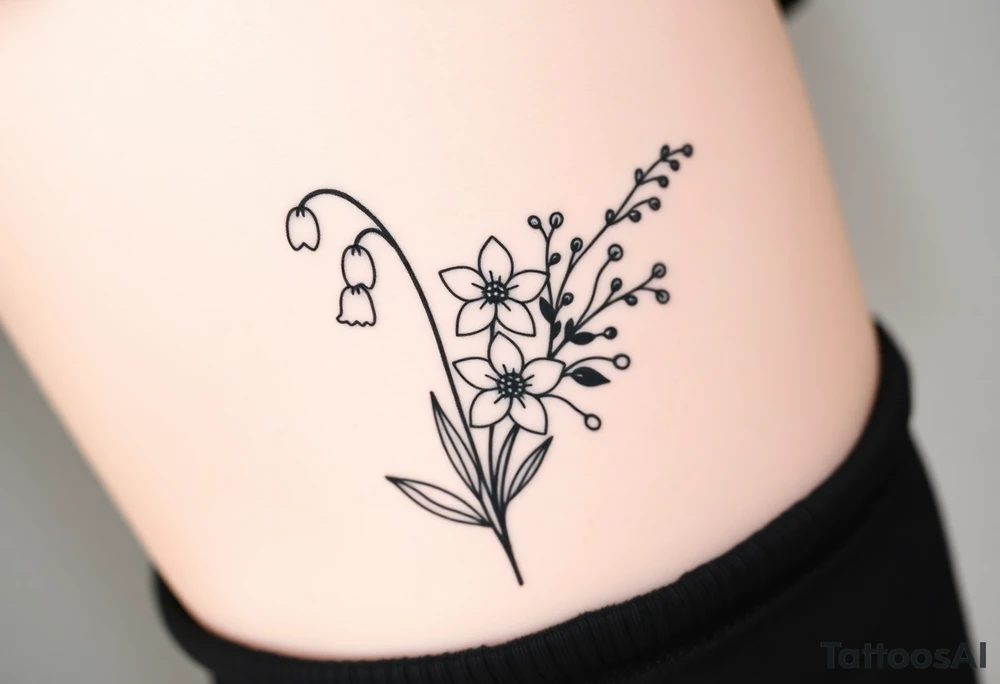 Simple small design in black bunch of flowers 1 lily of the valley 1 daffodil 1 holly 1 larkspur tattoo idea