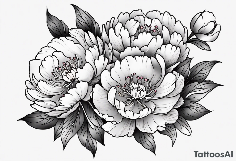 Shoulder and forearm tattoo for woman. Japanese style peony flowers bunch with stems extended to the forearm. Lightly coloured. Thin lines. Add long stems tattoo idea