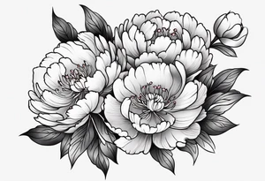 Shoulder and forearm tattoo for woman. Japanese style peony flowers bunch with stems extended to the forearm. Lightly coloured. Thin lines. Add long stems tattoo idea