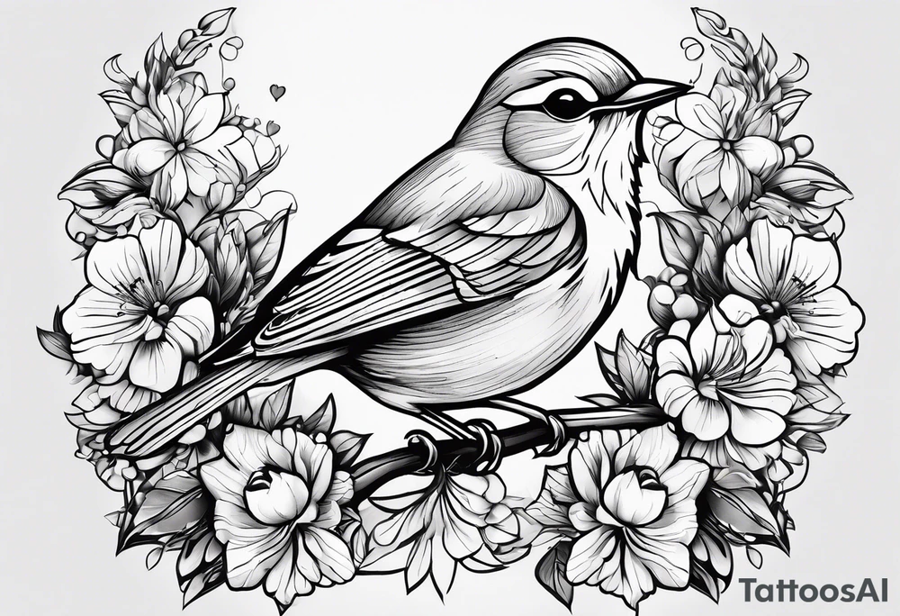 Design a small, elegant tattoo of a nightingale in a gentle pose, surrounded by soft musical notes or floral elements tattoo idea