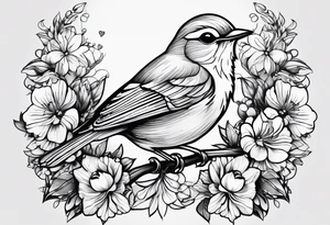 Design a small, elegant tattoo of a nightingale in a gentle pose, surrounded by soft musical notes or floral elements tattoo idea