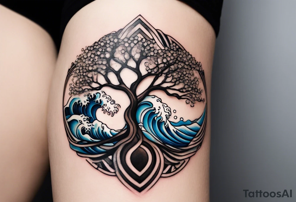 A tattoo of an abstract Tree of Life tattoo to be placed directly on the bicep of a woman. It can wrap around the arm a little. It should have roots growing out of the bottom. The roots slowly turn into water from the Great Wave by Hokusai. A golf flag should be placed discreetly growing out of the ground. 2 license plate tags should be hanging from the tree. Place a few music notes in the areas the leaves should be. The letters A U should be engraving into the tree trunk in a heart. Not inside a circle. The overall shape of the tattoo should be organic. Black and white only. tattoo idea