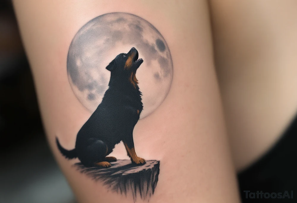 Rottweiler Howling at Moon – A silhouette of a howling Rottweiler on a cliff, with a large full moon in soft gray-blue behind it. A mix of blackwork and soft gradients. tattoo idea