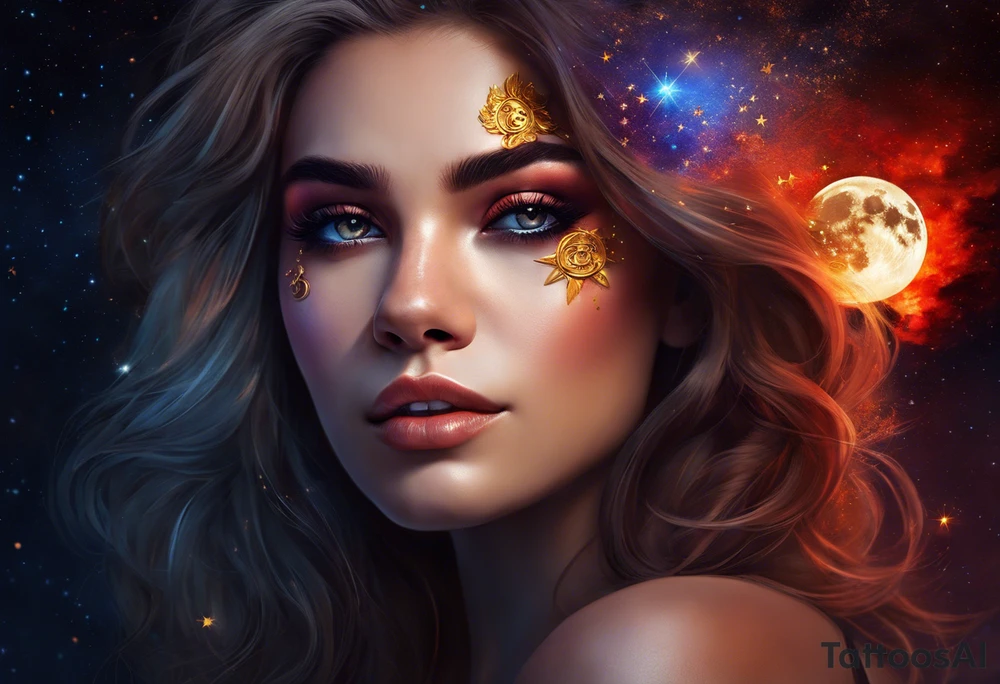 women turning to her side with a small leo zodiac symbol on her forehead, lion scratch scar on her eye and stars, moon and sun floating behind her head. however at the bottom  have her blend away like a smoke effect, you can use Stars or clouds to help fill in space. Also create a somewhat Smokey thin red line wrapping going from the back of the neck to the pinky and overlapping the woman tattoo as well. tattoo idea