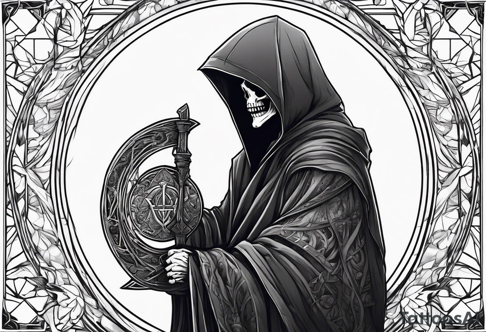 The grim reaper standing from a side profile praying with a Rosery wrapped around his hands tattoo idea