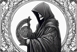 The grim reaper standing from a side profile praying with a Rosery wrapped around his hands tattoo idea
