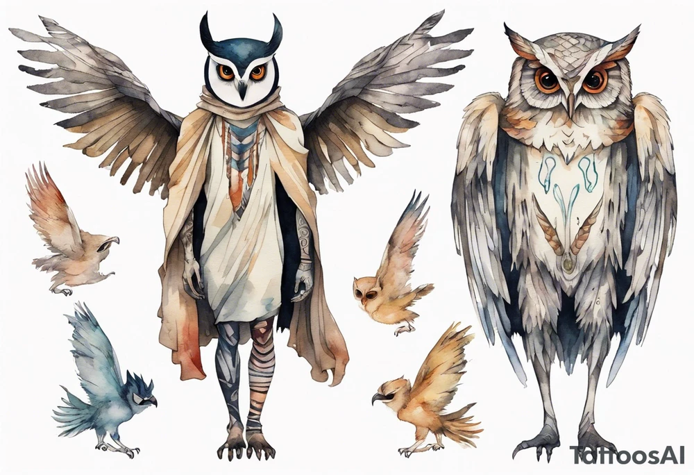 creature in a tunic wearing an owl mask walking in a forest with long thin legs, the feet of a bird, and wings instead of arms tattoo idea