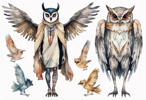 creature in a tunic wearing an owl mask walking in a forest with long thin legs, the feet of a bird, and wings instead of arms tattoo idea