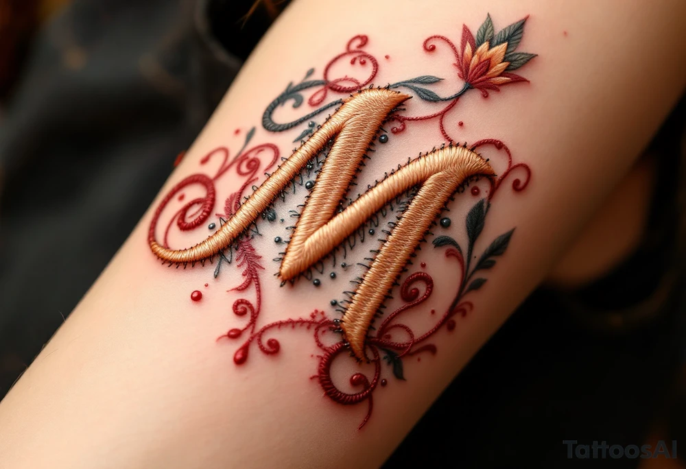 A stitched "M" design in warm beige and thread-red, resembling embroidery. tattoo idea