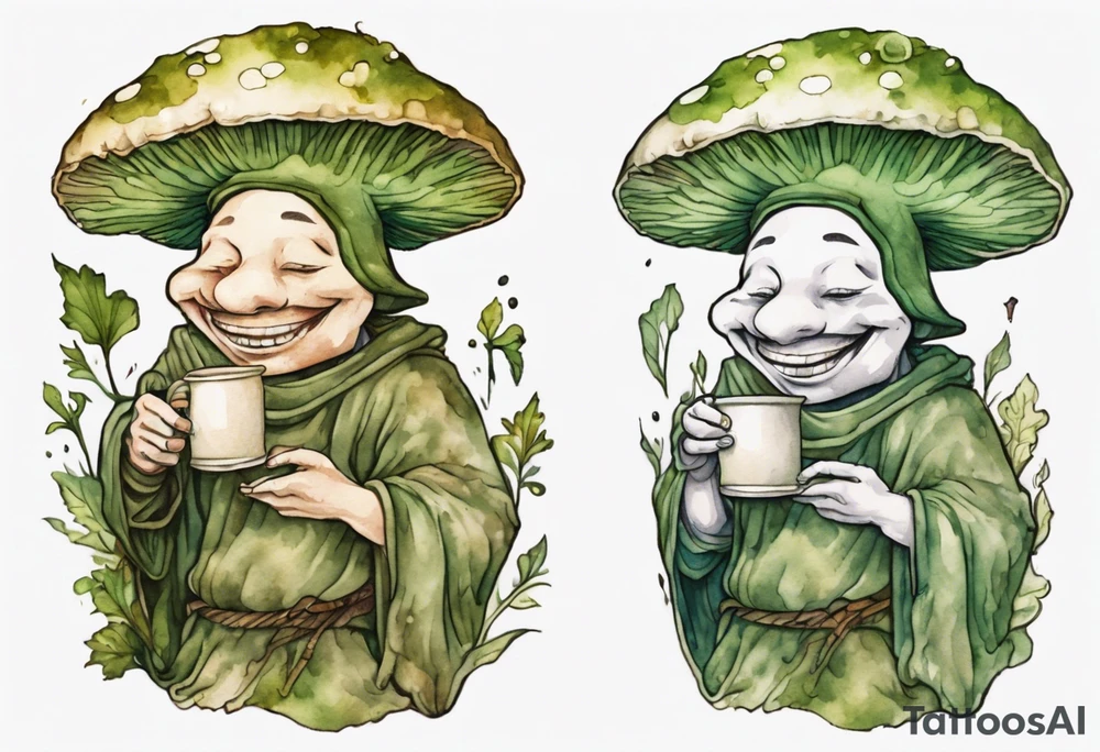 a mushroom person with a smiling moss face wearing a medieval tunic drinking from a wood cup tattoo idea