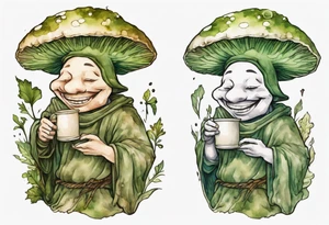 a mushroom person with a smiling moss face wearing a medieval tunic drinking from a wood cup tattoo idea