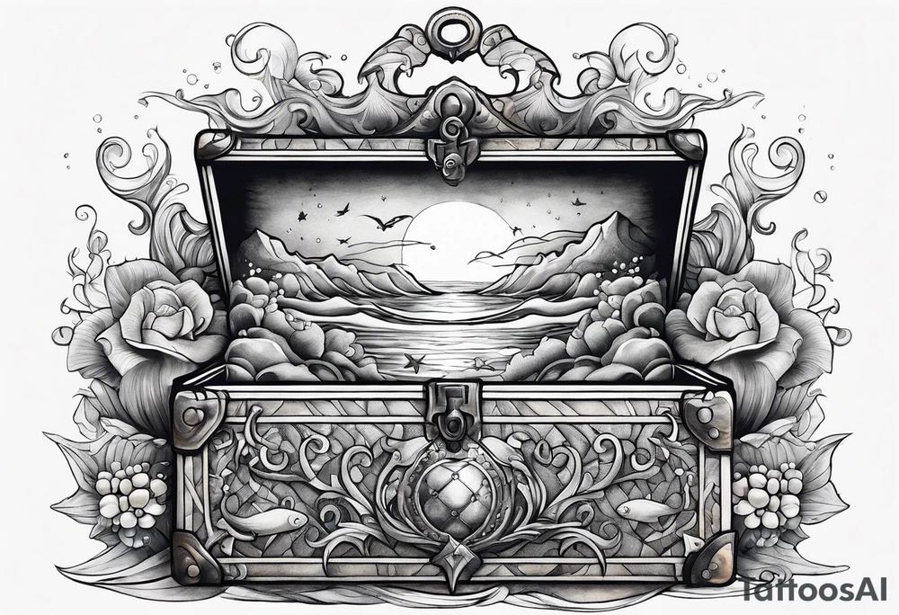 Ocean with threasure chest and pearls tattoo idea