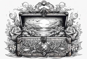 Ocean with threasure chest and pearls tattoo idea