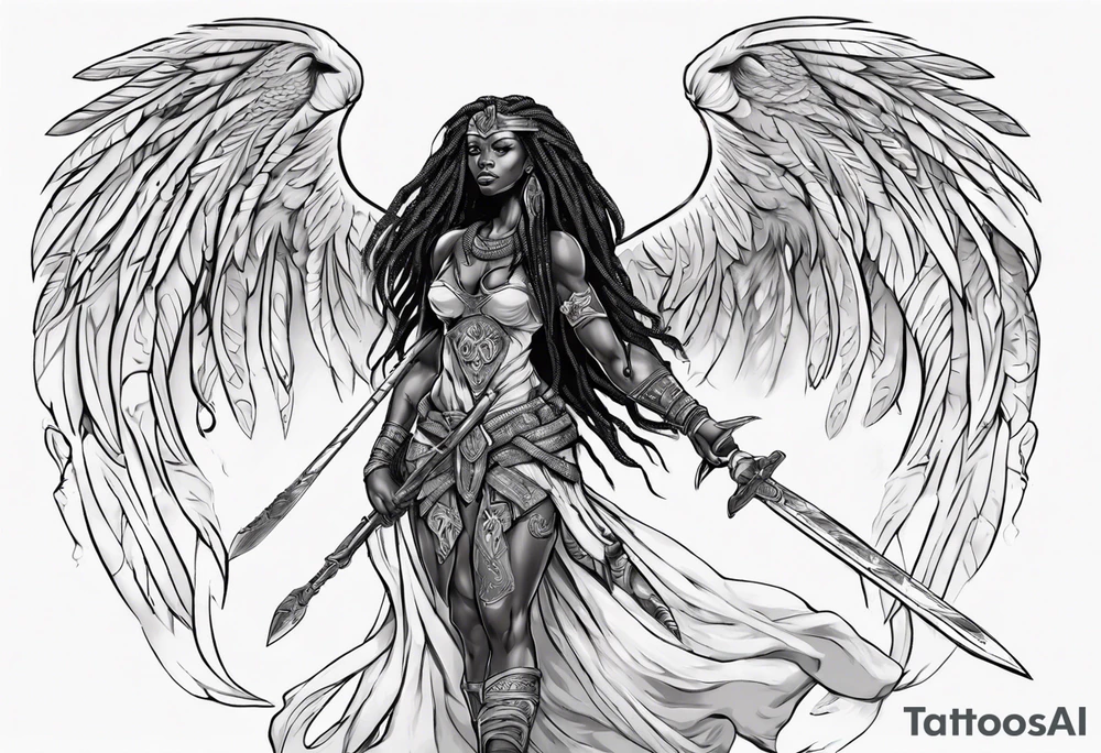 African female valkyre warrior full body angelic
slim long face long braided hair descending from heaven holding sword & shield tattoo idea