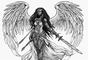 African female valkyre warrior full body angelic
slim long face long braided hair descending from heaven holding sword & shield tattoo idea
