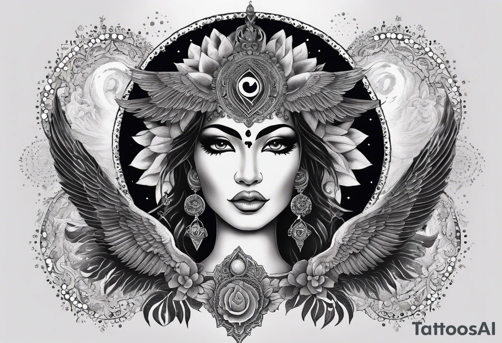 black kali, goddess pirate, alien, angel, pachamama, valkrye, warrior, flying, skull, lotus azul, wing, eagle, zenza resonance, stars, 5D, anahata chakra, death, durga, riding on a tiger, flying lady, kundalini, chest tatoo, samuri, rebel, serpent tattoo idea