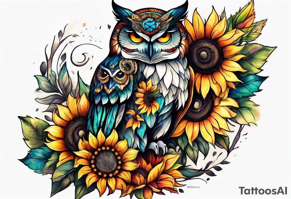Leg sleeve with colorful sunflowers and an owl tattoo idea