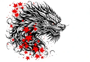 mythical Foo Dog (Half dog, half lion)  with wind and red maple leaf tattoo idea