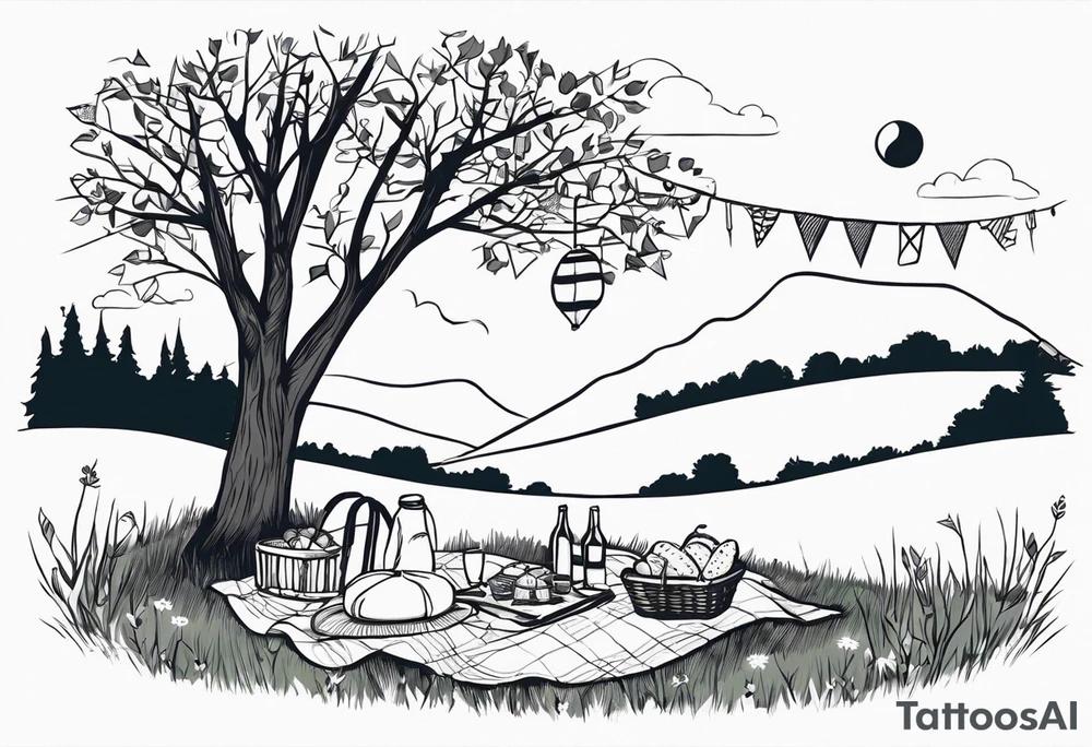 picnic scene by a tree on a meadow. with a sheckers blanket, basket, pillows and party pennants. Thin lines. tattoo idea