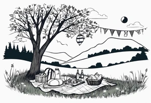picnic scene by a tree on a meadow. with a sheckers blanket, basket, pillows and party pennants. Thin lines. tattoo idea