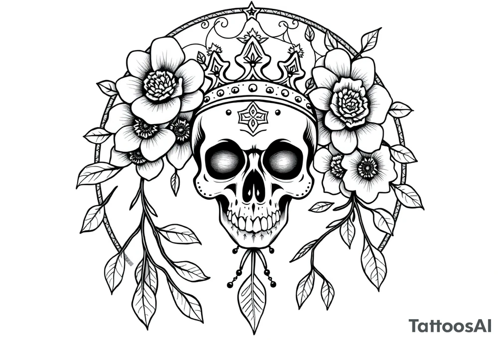 Mandala dream catcher with detailed beautiful gothic boho flowers on vine and skull with gorgeous crown tattoo idea