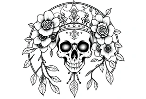 Mandala dream catcher with detailed beautiful gothic boho flowers on vine and skull with gorgeous crown tattoo idea