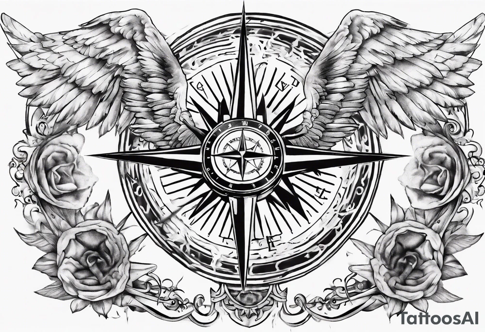Chest tatoo with sun and letters and compass and angels tattoo idea