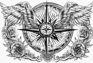 Chest tatoo with sun and letters and compass and angels tattoo idea