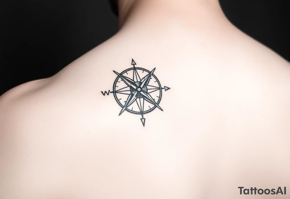 intricate compass on upper right back shoulder of a man. black and white. include cardinal directions and make more detailed. tattoo idea