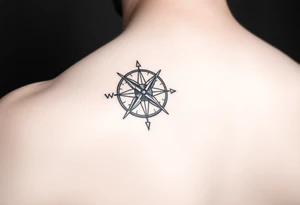 intricate compass on upper right back shoulder of a man. black and white. include cardinal directions and make more detailed. tattoo idea