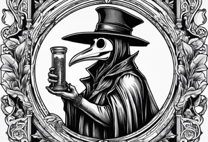 plague doctor with a skeleton hand holding medicine tattoo idea