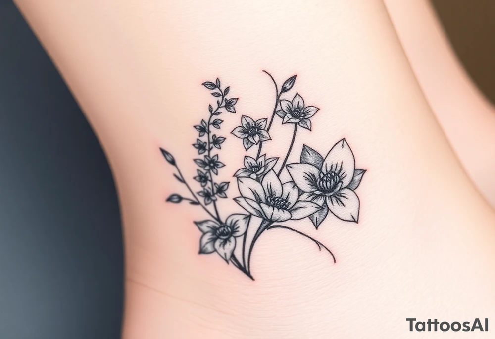 Hexagon Leo larkspurs and water lilies tattoo idea
