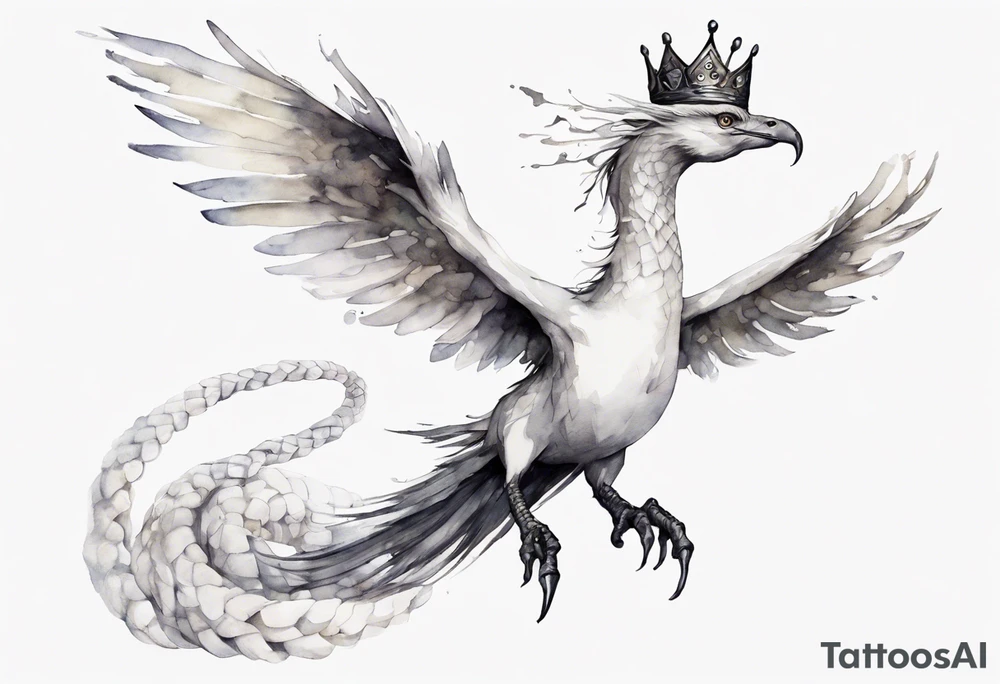 a white bird-serpent hybrid, wearing a pewter crown on its head, flying in the air tattoo idea