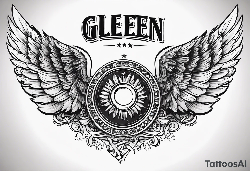 A simple tattoo with the word Glenn on a banner with angel Wings tattoo idea