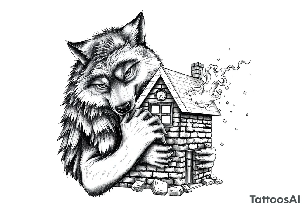 Big bad wolf hugging and puffing and blowing a brick house down tattoo idea