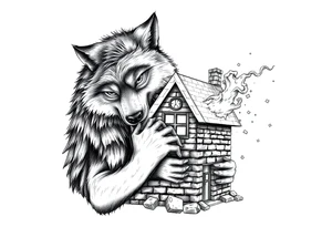 Big bad wolf hugging and puffing and blowing a brick house down tattoo idea