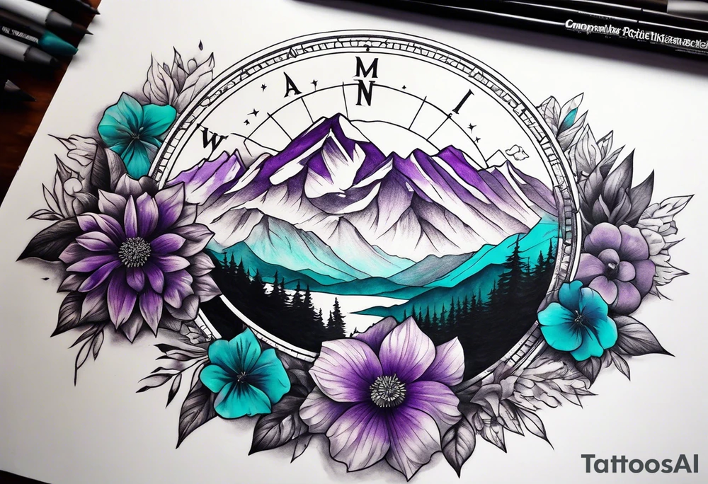 Half Sleeve tattoo: 
mountain in front of a compass rose 
with purple and teal sky, and purple and teal flowers in the foreground tattoo idea