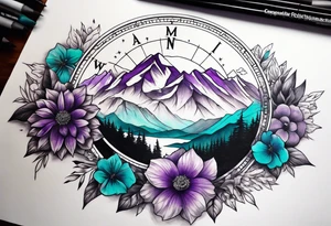 Half Sleeve tattoo: 
mountain in front of a compass rose 
with purple and teal sky, and purple and teal flowers in the foreground tattoo idea