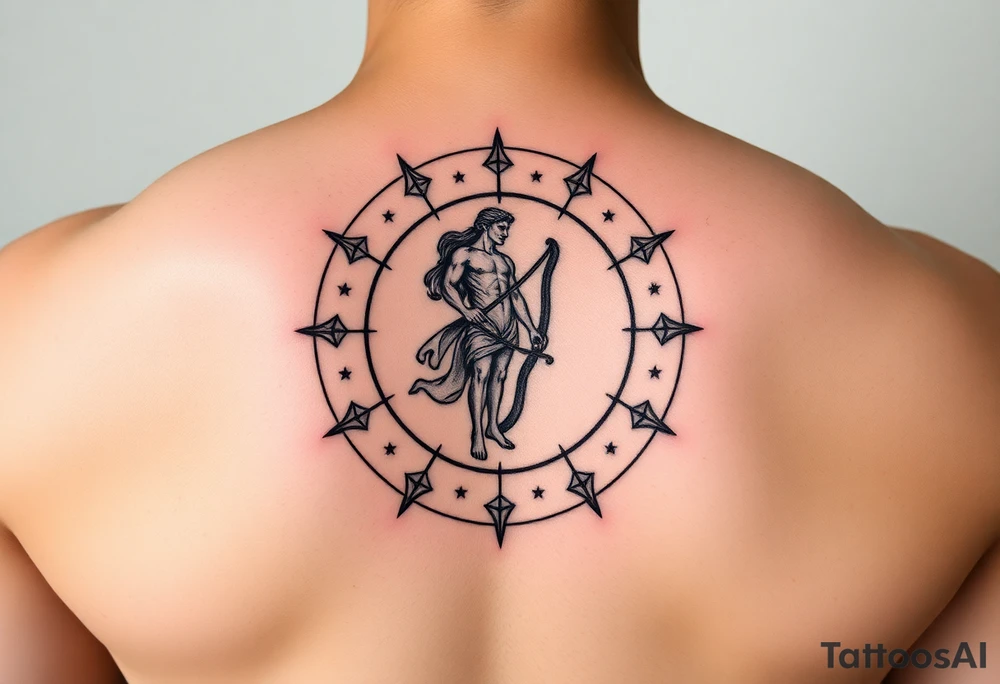 For the tattoo, you could have Apollo at the center of the constellation or circle of stars, holding his lyre (which represents harmony and creativity) or a bow (symbolizing precision and aiming toward your goals). His radiance could emanate outward, subtly merging with the stars or constellation, representing how your potential—though it might still be unfolding—is being guided and illuminated by his influence.

You could also place the one "unreached" star just slightly outside of the central circle, with Apollo’s light reaching toward it, signifying that while you may not have fully realized your potential yet, it's something that Apollo's guidance can help bring into focus. tattoo idea
